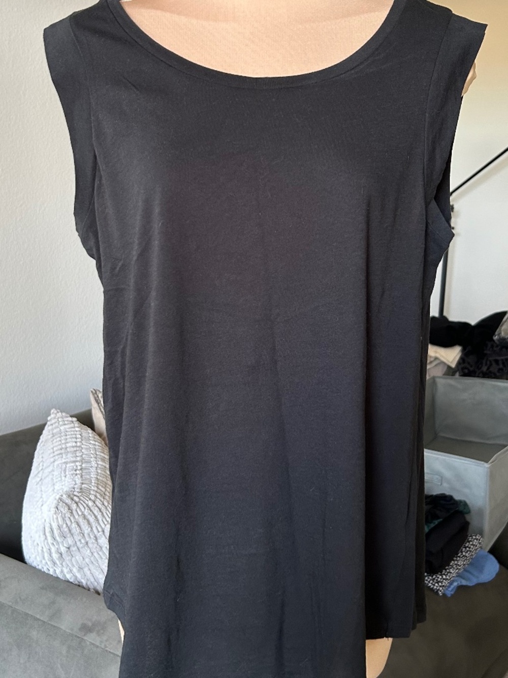 ALTERNATIVE Black Scoop Neck Cap Sleeve Knit Top with Curved Hem